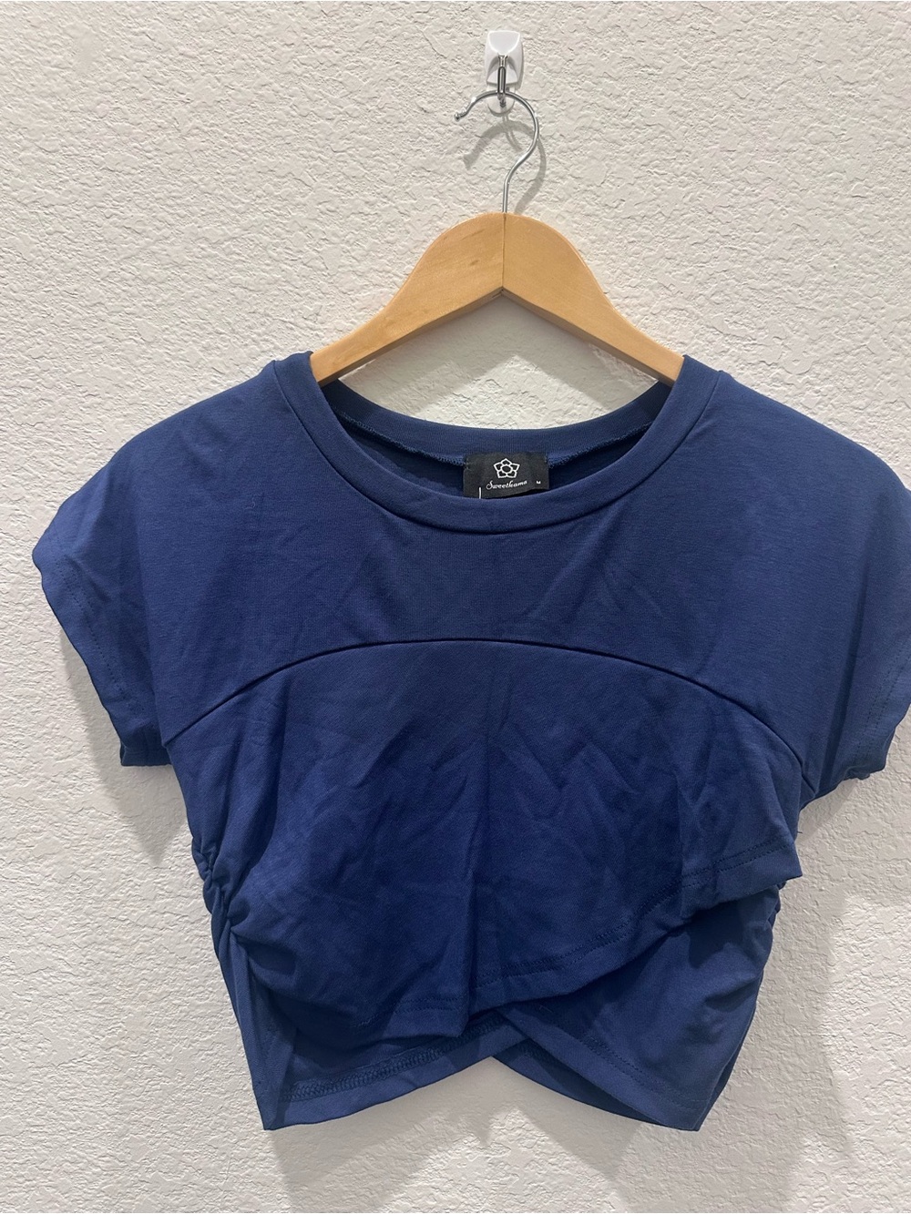 Sweetkama Blue Ruffle Front Crop Top Women’s Medium Short Sleeve Boutique Top